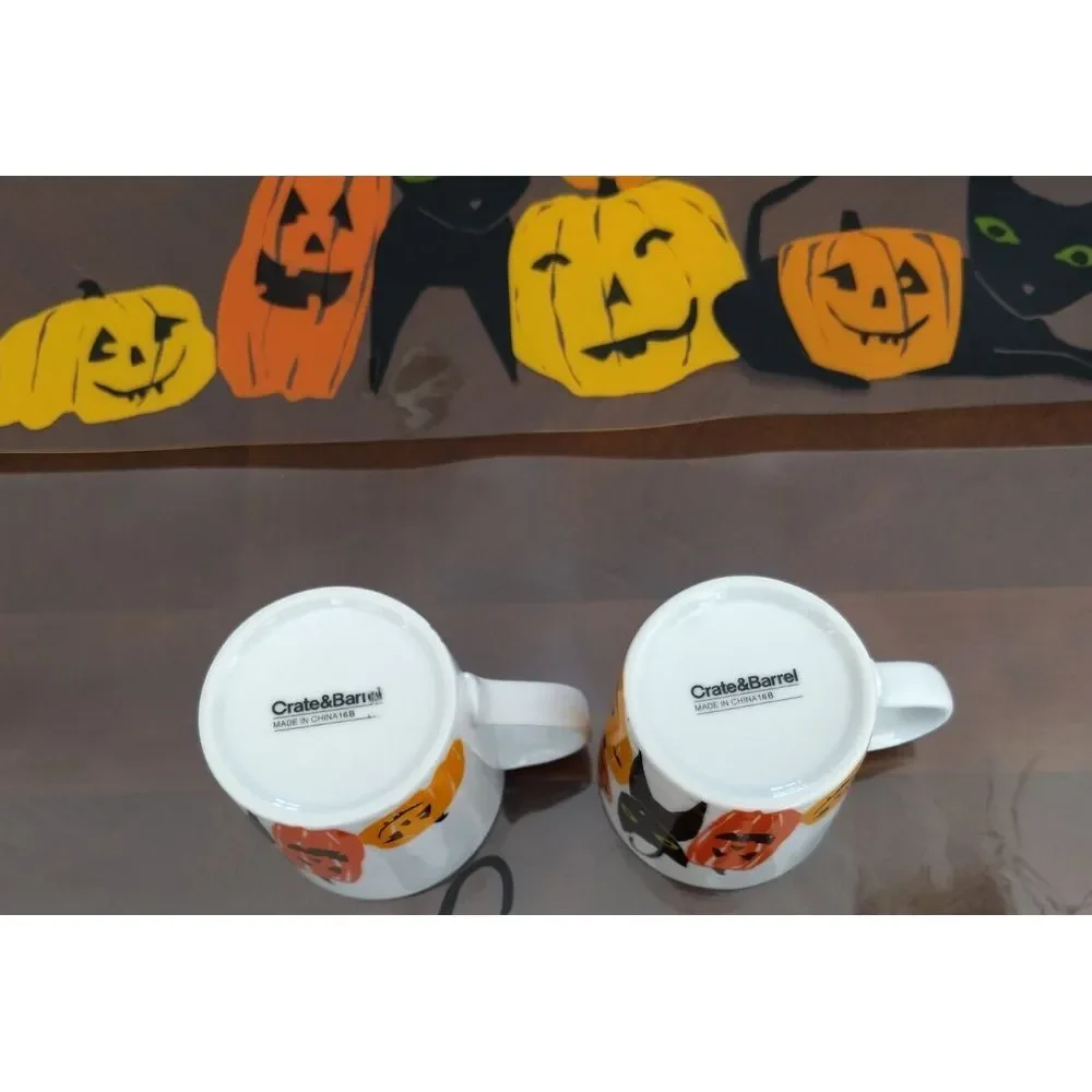 HALLOWEEN‎ Crate & Barrel Black Cat Jack-O-Lantern Coffee Mugs Matching Mats 4Pc